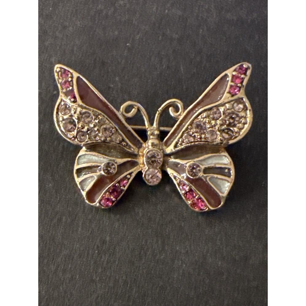 VTG Liz Claiborne LC Butterfly Brooch Pink Enamel Rhinestone Gold Tone Signed